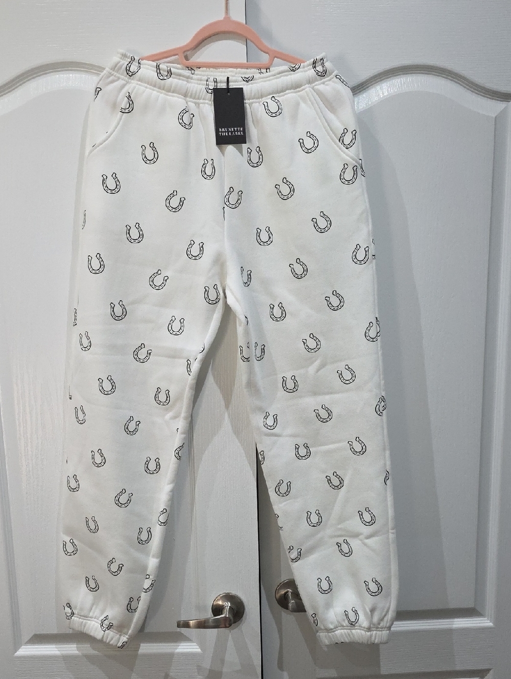 Brunette The Label White Joggers with Black Horseshoe Print